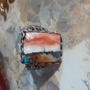 Natural Spiney Oyster, Coral, Turquise Sterling Silver Sz 10 BBJ Bangkok Thai